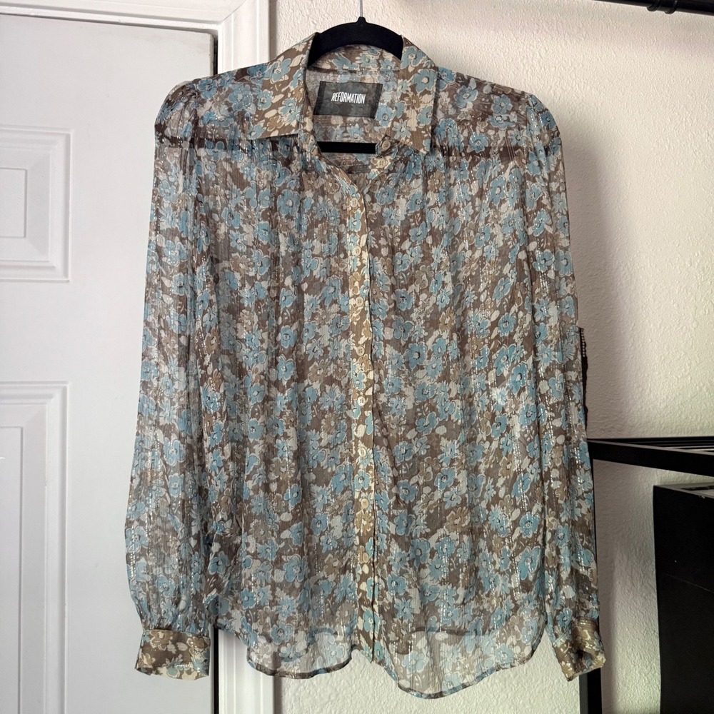 REFORMATION blue brown tan sheer gold floral metallic long sleeve blouse top
